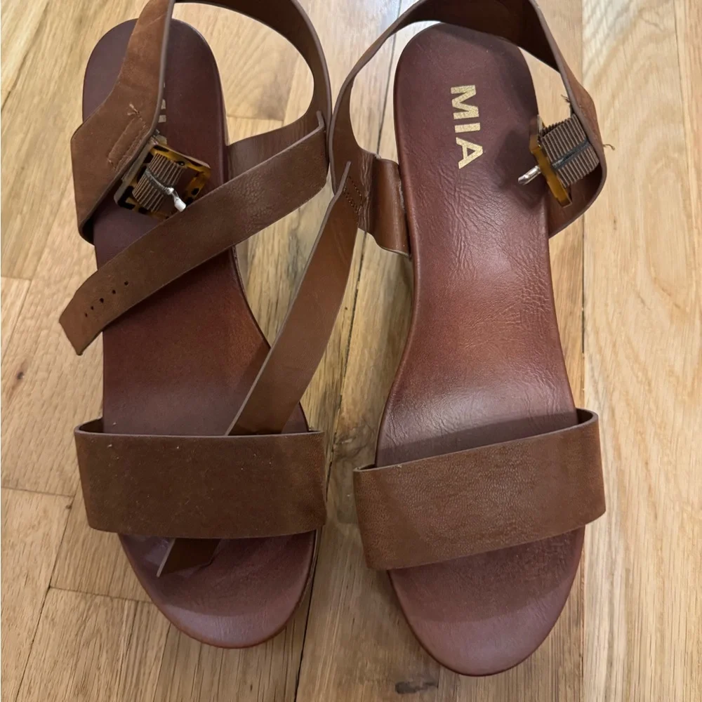 MIA Brown Leather Strappy Wedge Sandals